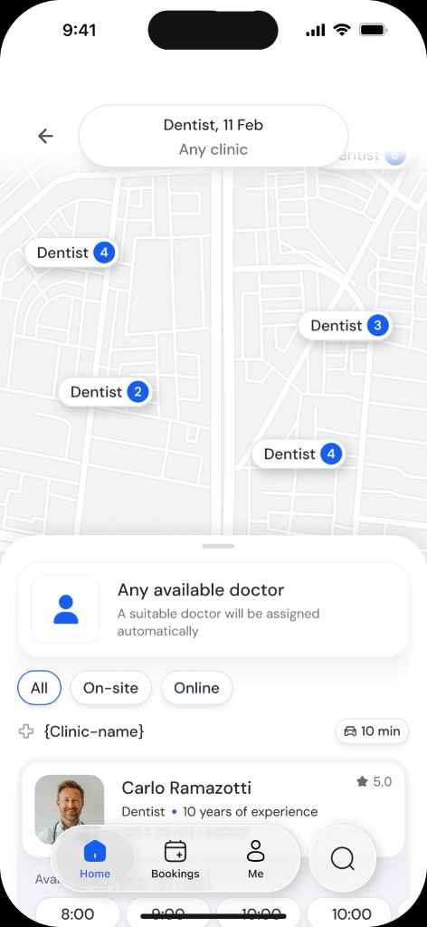 Doctonica app map with available doctors and time slots