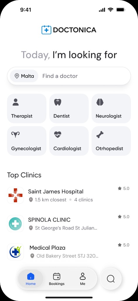 Doctonica app home screen with speciality search