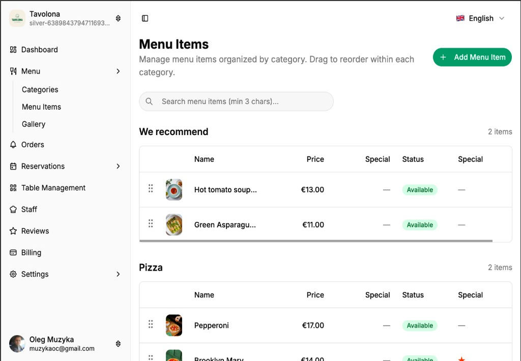 Platymo admin dashboard with the menu items list