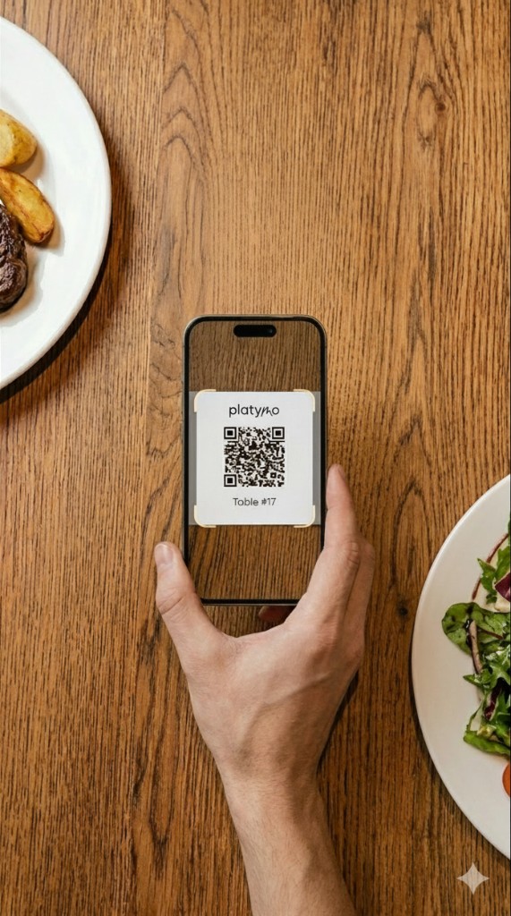 Guest scanning the Platymo table QR code with a phone